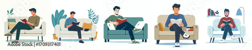 vector grandfather relaxing on sofa reading book