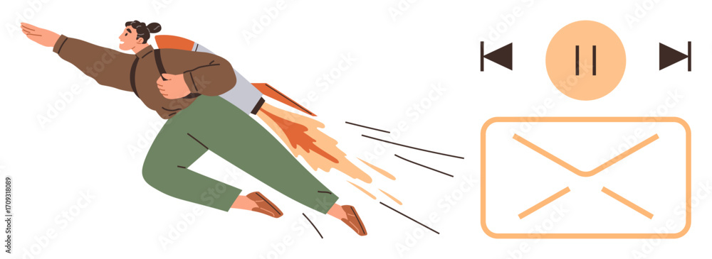 custom made wallpaper toronto digitalPerson with rocket backpack soaring forward next to mail and media playback icons. Ideal for productivity, creativity, innovation, speed, technology, communication, ambition. Simple flat metaphor