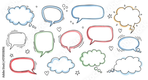Hand drawn colorful speech bubbles and thought clouds for creative expression and communication