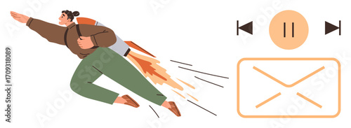 Person with rocket backpack soaring forward next to mail and media playback icons. Ideal for productivity, creativity, innovation, speed, technology, communication, ambition. Simple flat metaphor