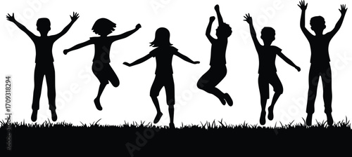 Happy Children Jumping Silhouette Vector Illustration,kids Jumping Silhouette Vector,playing children of silhouette,kid jumping cheerfully on grass, Silhouette,