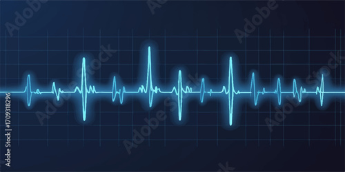 Blue electrocardiogram waves illustrate a continuous heartbeat on a medical monitor