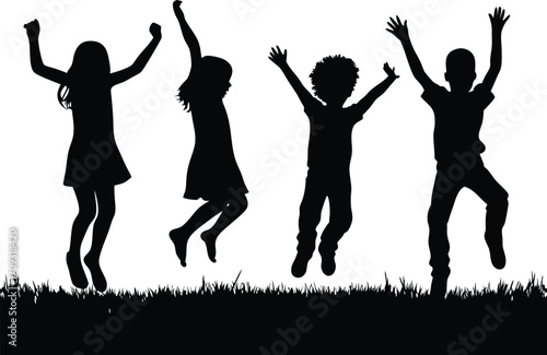 Happy Children Jumping Silhouette Vector Illustration,kids Jumping Silhouette Vector,playing children of silhouette,kid jumping cheerfully on grass, Silhouette,