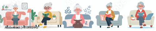 vector grandmother relaxing on sofa reading book