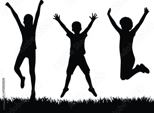 Happy Children Jumping Silhouette Vector Illustration,kids Jumping Silhouette Vector,playing children of silhouette,kid jumping cheerfully on grass, Silhouette,