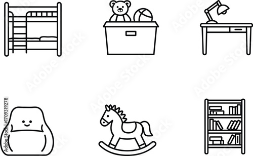Children’s bedroom icons set, bunk bed toy box teddy ball desk lamp armchair rocking horse bookshelf furniture vector illustration