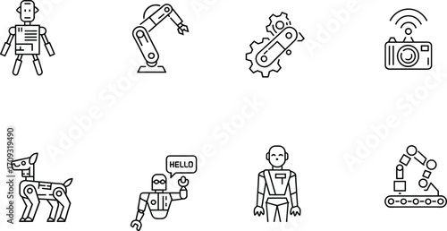 Robotics icons set, robot arm mechanical gears camera robotic dog humanoid bot assembly line automation technology vector illustration