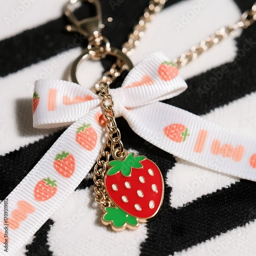 4k high quality Ai generative HD photo realistic gantungan kunci keychain keyring key sell selling colorful pendant resin charm chains clay beads toy silver gold enamel ribbon bow red strawberry