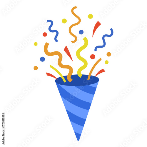 Festive party popper exploding with colorful confetti and streamers, celebrating a special occasion