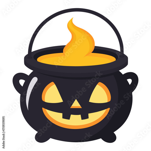 Black halloween cauldron with pumpkin face and boiling potion inside