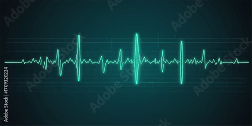 A medical pulse monitor displays a vibrant green line illustrating the rhythmic wave of a healthy heartbeat on a cardiogram chart