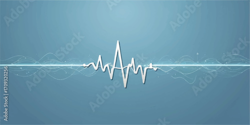 Vector cardiology illustration of a blue medical background with a red heart and heartbeat pulse wave on a monitor screen