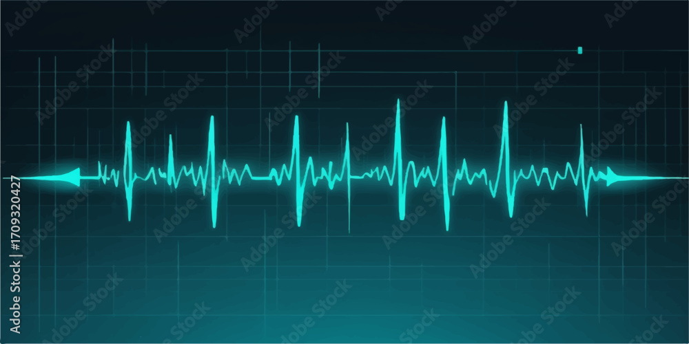 Fototapeta premium An abstract medical background with a green and blue cardiogram wave forming a heart, illustrating the pulse of health on a life monitor