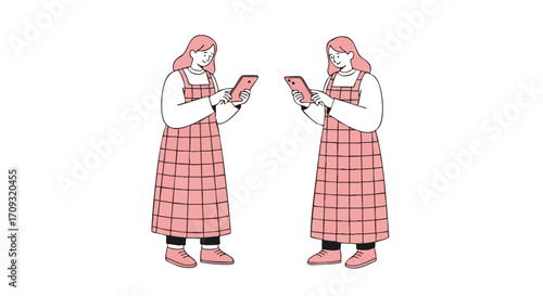 Two women browse social media using their smartphones and pink checkered dresses against a white background