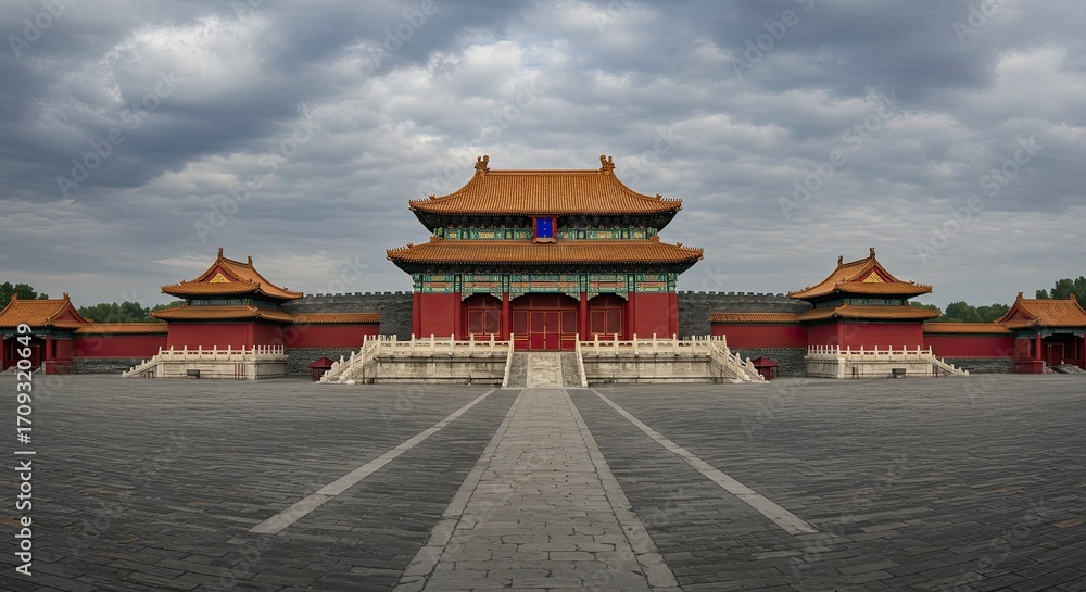 Fototapeta premium Traditional Chinese Building with Red Walls Under Cloudy Sky