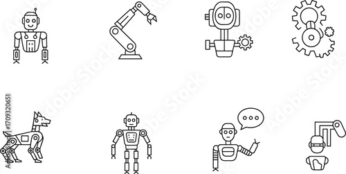 Robot icon set, AI and automation line symbols, robotic arm, humanoid bot illustration, futuristic machine and tech outline icons