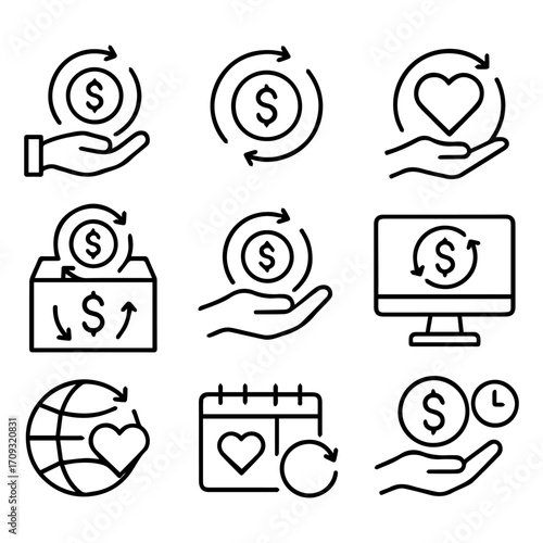 Collection of Financial and Charitable Icons Depicting Money and Giving Concepts.
