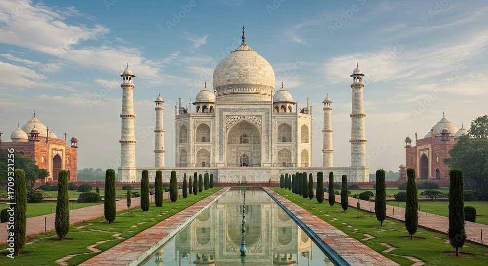 Obraz premium White Mausoleum Reflected in Pool with Green Garden Under Blue Sky