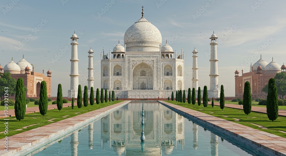 Naklejka premium White Mausoleum Reflecting in Water Garden Under Soft Blue Sky