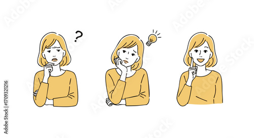 Woman showing stages of thinking from confusion to idea realization with a smile