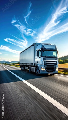 Silver semi-truck speeding down a black highway with a white stripe under a bright blue sky and wispy white clouds in vertical format