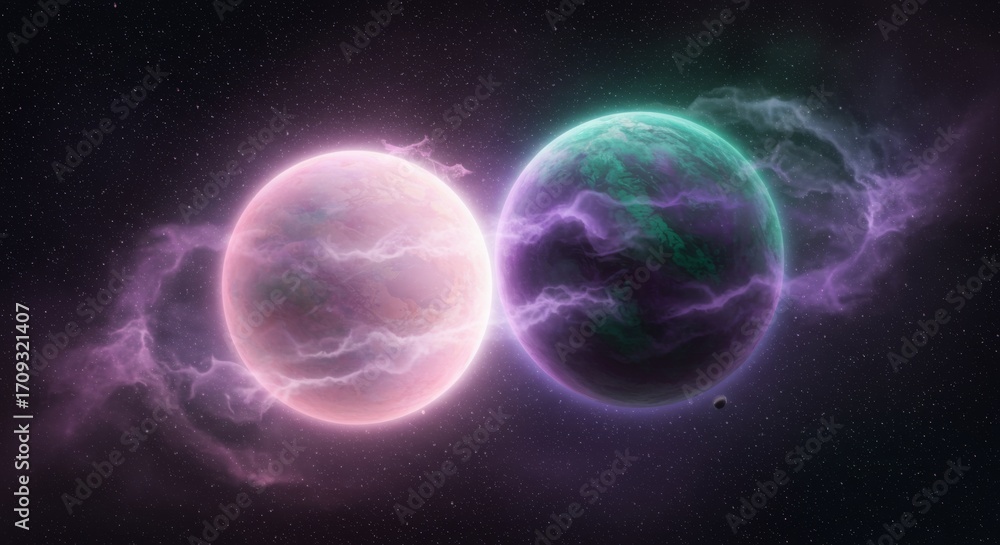 Fototapeta premium Two fantasy planets with nebula in outer space