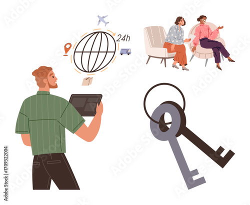 Man with tablet overseeing logistics symbols thumbs up globe, truck, and airplane two women in conversation large keys nearby. Ideal for teamwork, logistics, collaboration, consultation, real estate