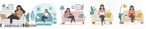 vector woman relaxing on sofa reading book