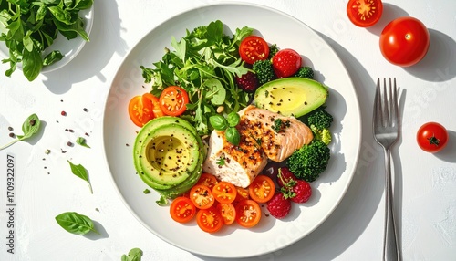 Wallpaper Mural Vibrant platter showcases a healthy and colorful medley of grilled salmon, avocado, cherry tomatoes, fresh greens, broccoli florets, and raspberries, arranged beautifully on a white plate. Torontodigital.ca
