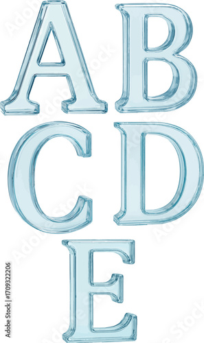 A single transparent glass Letter "A-E", highly detailed, standing upright in the center of the image.