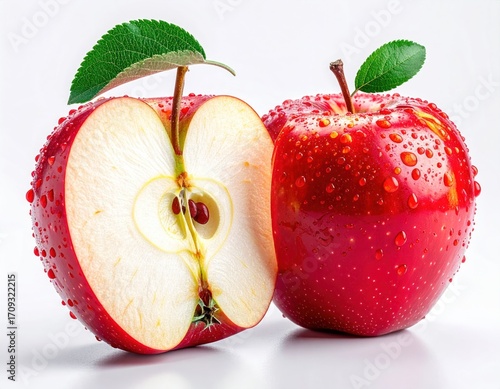 Two vibrant red apples, one halved to reveal its core, adorned with dew and green leaves against a bright white backdrop