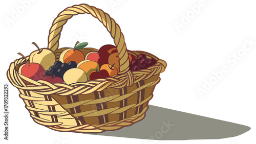 Colorful Assorted Fresh Fruits in a Woven Wicker Basket Illustration with Shadow on White Background, Digital Art for Harvest and Healthy Eating Co...