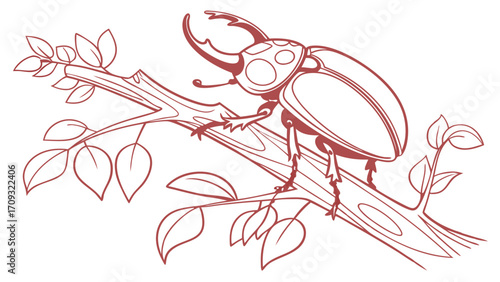 Majestic Stag Beetle Illustration Perched on a Leafy Branch - Detailed Line Art Sketch of a Forest Insect