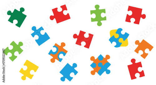 Colorful puzzle pieces scattered on white background, symbolizing teamwork and problem-solving