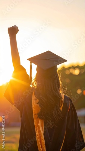 A graduate's back view, clad in robe and cap, arm raised against a golden sunset, celebrating success and future prospects