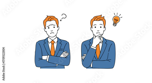 Confused businessman pondering problems then finding a brilliant idea and solution