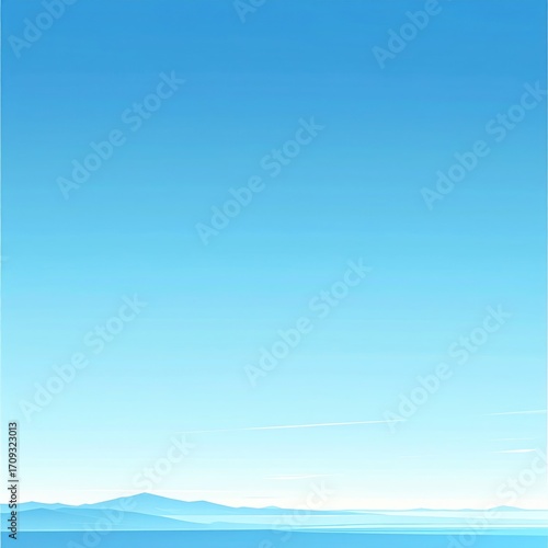 Vast blue sky fades into distant mountain range; a serene, calming, and minimalist landscape in an ethereal gradient