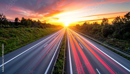 A long highway stretches into a vibrant sunset with blurred light trails from passing vehicles, framed by green trees and vegetation