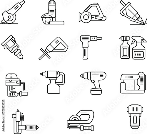 Power Tools Icon Set, Drill, Grinder, Saw, Spray Gun, Electric Tools, Workshop Equipment, Construction Tools, Industrial Tools Illustration