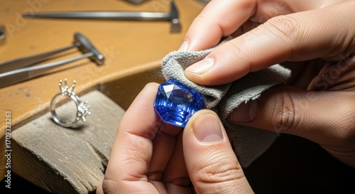 Jeweler Cleaning a Faceted Blue Sapphire Gemstone in Workshop