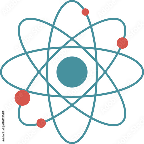 Blue atom symbol with orbiting electrons, science icon illustration ideal for physics or education themes.

