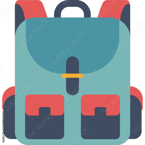 Teal backpack with red accents, school accessory illustration perfect for students or travel themes.

