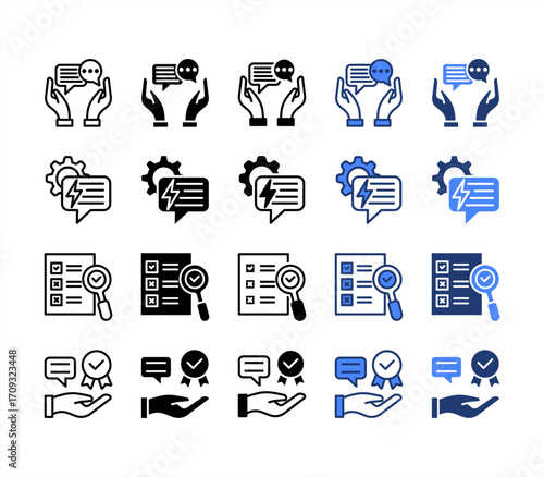 Communication, Responsive, Evaluation, Responsibility, multiple style icon set.