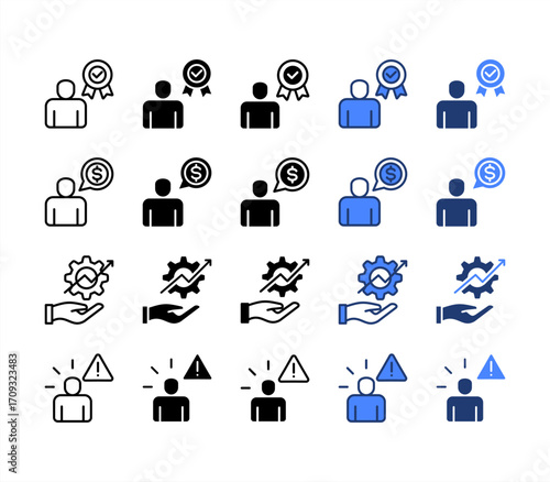 Credibility, Expectation, Efficiency, Attentiveness, multiple style icon set.