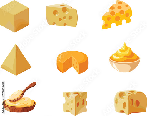 Cheese Blocks and Wedges Set, Various Cheese Shapes, Creamy Cheese Spread, Dairy Food Icons, Cooking, Culinary, Snack, Delicious Design