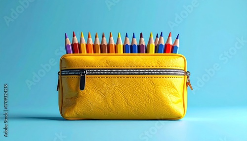 Colorful pencils peek from a bright yellow zipper pouch, centered against a pale blue background creating a vibrant, school-themed still life
