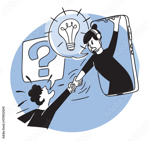 Technical support, consultations, call center operator and customer. Hand-drawn conceptual business  illustrations. Cartoon style in vector.