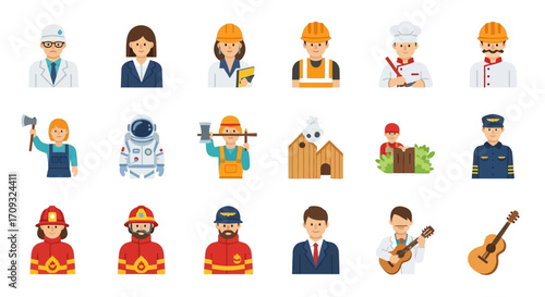 Flat-lay illustration of diverse professionals against a white background, showcasing various occupations in a vibrant, colorful style.
