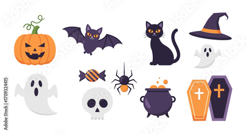Flat lay illustration of Halloween icons: pumpkin, bat, black cat, witch hat, ghosts, candy, spider, skull, cauldron, and coffins, in orange, black, and purple tones