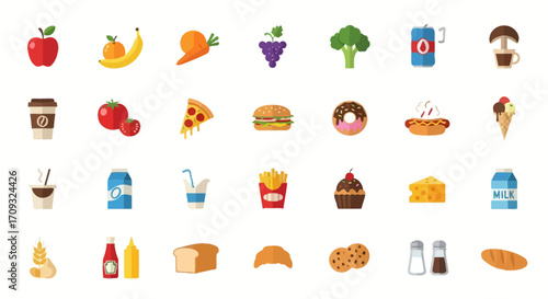 Flat lay of diverse food icons: fruits, vegetables, fast food, drinks, and baked goods, against a clean white background, in a vibrant and colorful style.